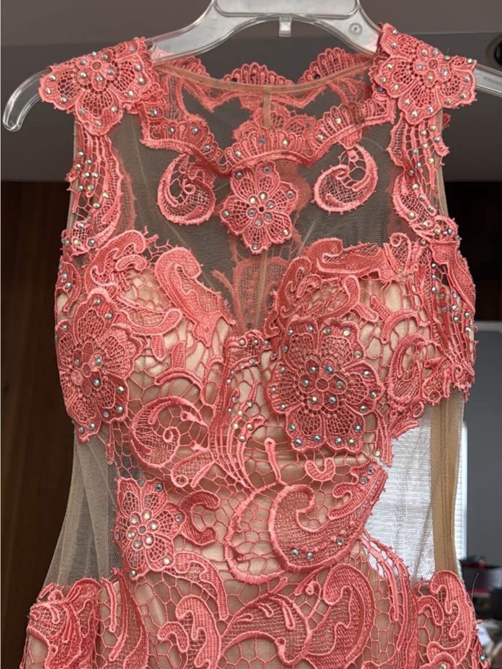 Coral Lace Appliqué Evening Dress - Sheer Bodice with Crystal Accents